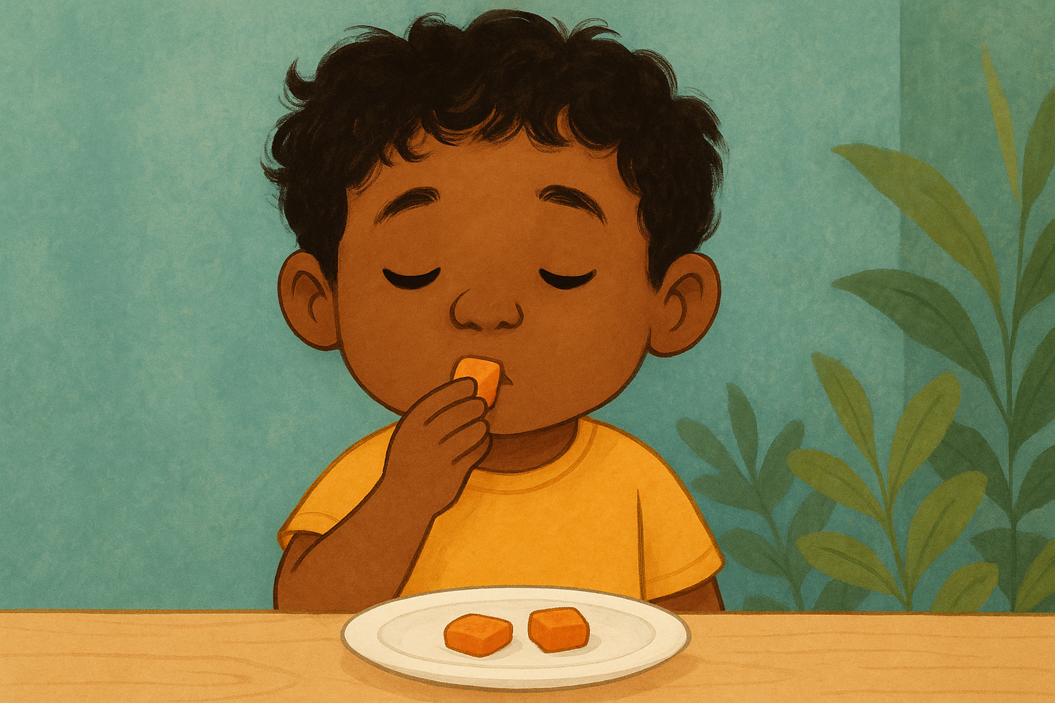 Kind dat eten tegen de lippen houdt